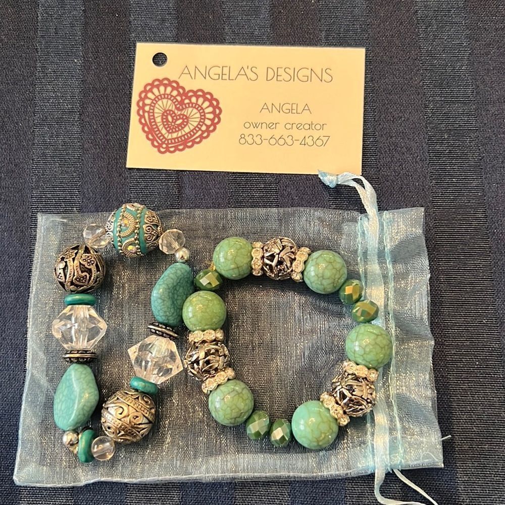 NWT Angelas Designs handmade Turquoise silver crystal & clear beaded bracelets - Picture 3 of 10